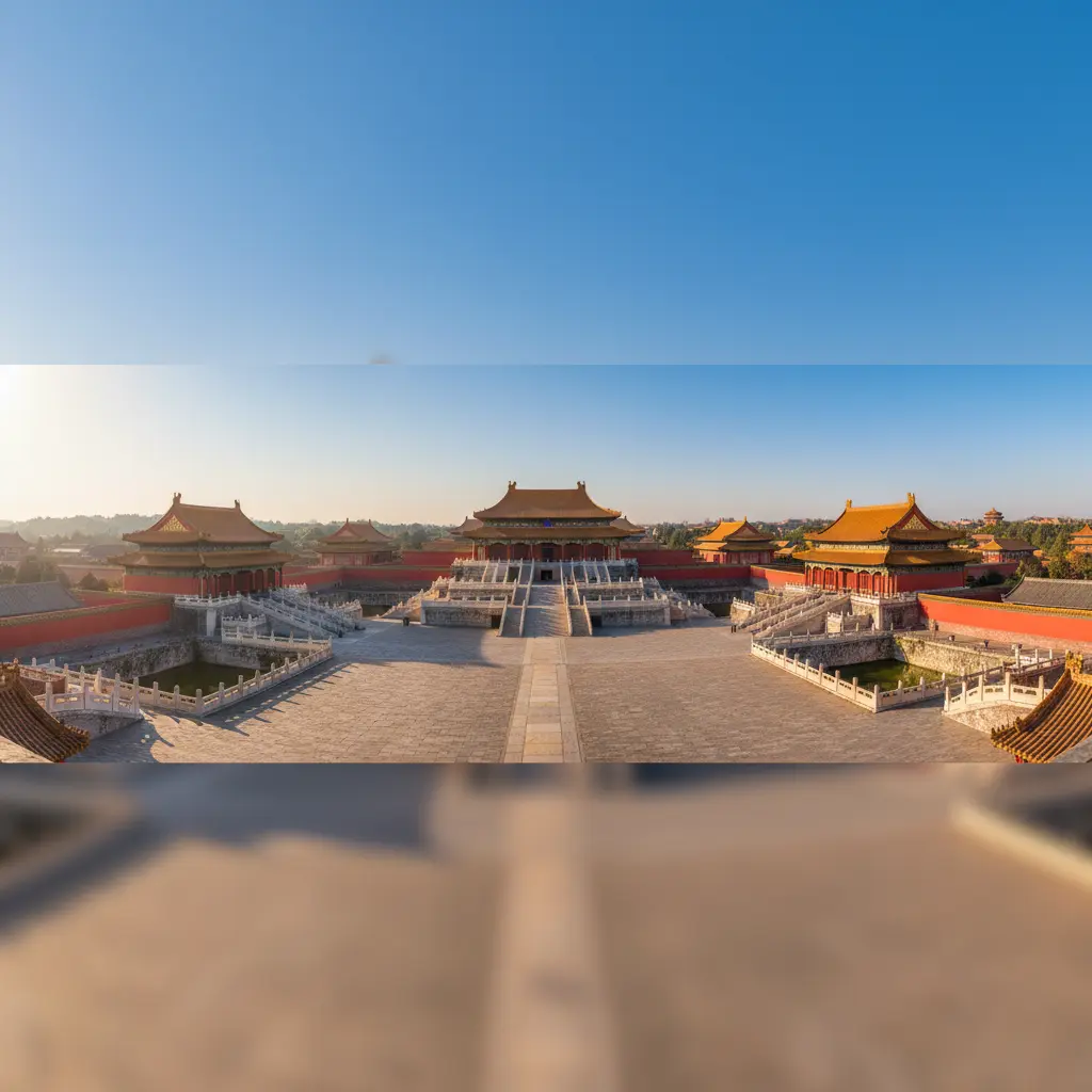 Panoramic view over Forbidden City roofs and courtyards under clear daylight