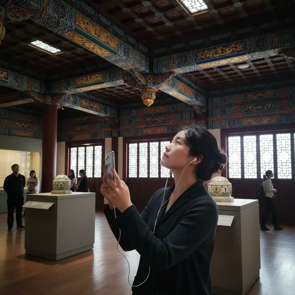 Visitor using a smartphone audio guide indoors