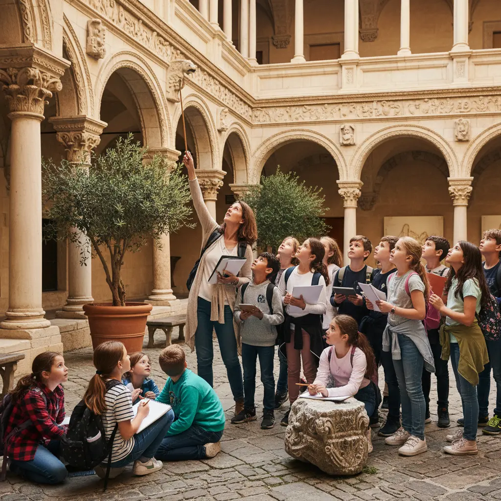 School group learning in a museum courtyard