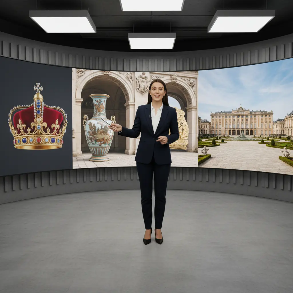Host presenting a virtual tour with palace imagery