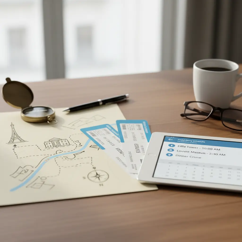 Tickets, timed-entry schedule, and route sketch for planning